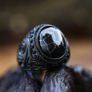 Vintage Black Agate Signet Ring Stainless Steel Men's Wedding Jewelry Biker Ring - Picture 1 of 6