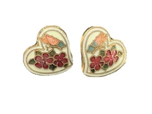 Vintage Enamel Heart Stud Earrings Gold Tone .5" x .5" Enamel Jewelry Earrings  - Picture 1 of 7