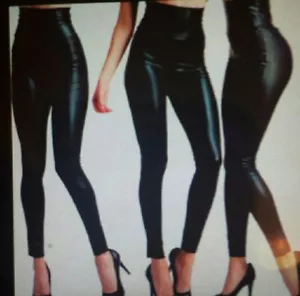 Faux Black Leather High Waisted Leggings NWT Medium - Picture 1 of 4