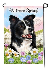Welcome Spring Garden Flag - Black and White Border Collie - Picture 1 of 1