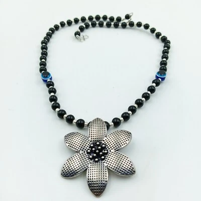 Antique Floral Necklace in Minimalist 925 Sterling silver With Black Onyx Mala - Image 1 of 4