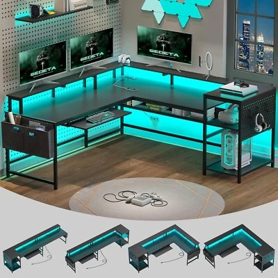 L Shaped Gaming Desk with Power Outlets and LED Strip, Reversible Computer Desk - Image 1 of 4
