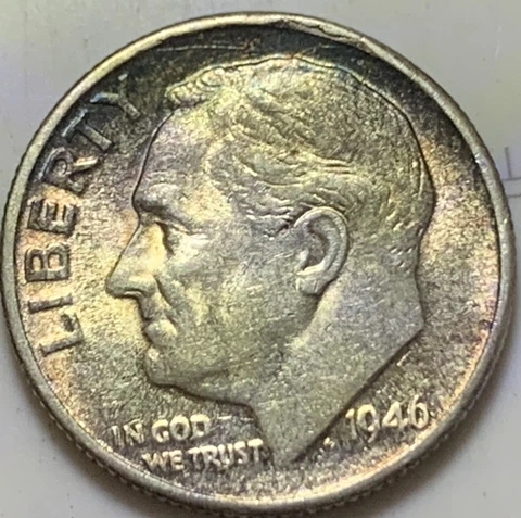 1946-S 0.9 Silver Uncirculated/Toned Roosevelt Dime With Rim Error Obverse Cover