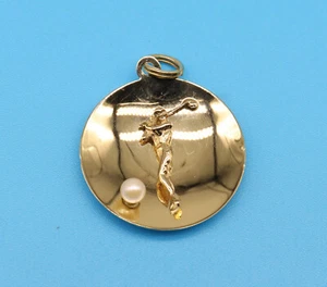 14K Yellow Gold Women Golfer 1" Pendant Charm w/ Pearl Golf Ball Signed M&M - Picture 1 of 4