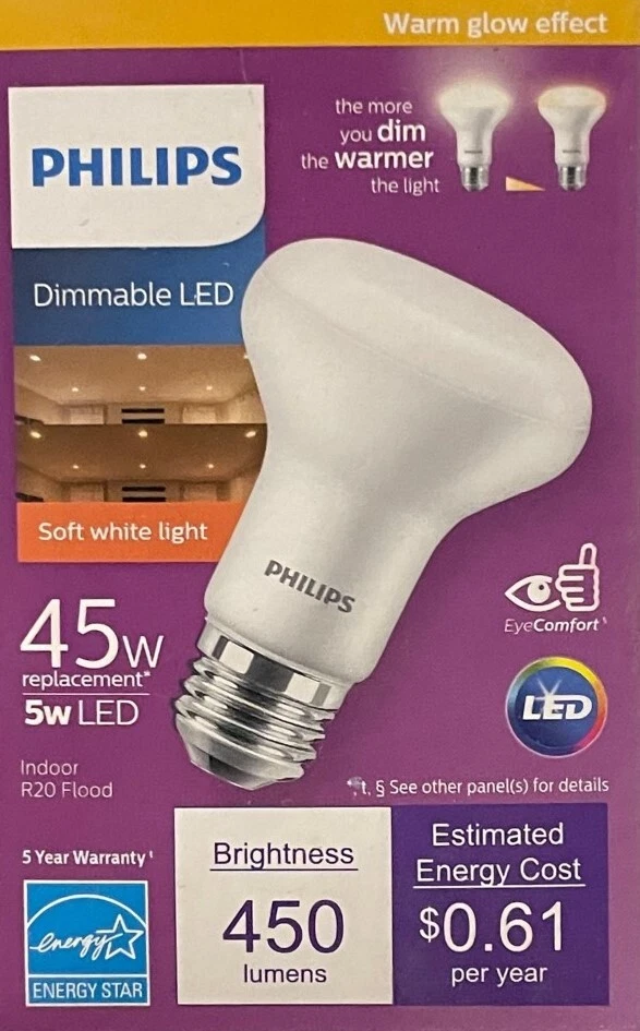 Philips 45-Watt R20 Dimmable Soft White LED Flood Light - 450 Lumens - NEW - Image 1 of 1