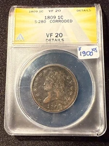 1809 CLASSIC HEAD LARGE CENT S-280 ANACS VF 20 DETAILS CORRODED - Picture 1 of 4
