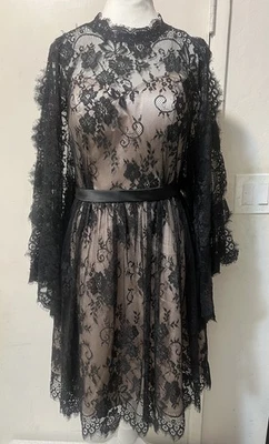 Mujer Vestido Negro Encaje Kimono Manga 8 Satén Slip Acolchado Sujetador Doble Forrado Boho Foto 1 de 4