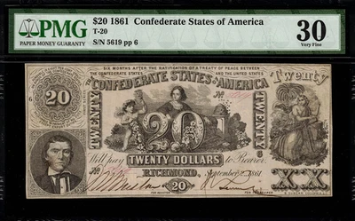 T-20 $20 1861 Confederate Currency CSA - Civil War - Graded PMG 30 - Image 1 of 2