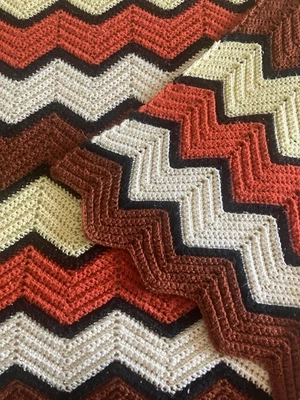 Vintage Handmade Crochet Afghan Blanket Zig Zag Stripe Twin 64x84 - Image 1 of 4