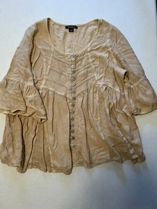 Roaman's Women's Plus Size 22W Acid Wash Tunic Beige Tan Lace Detail Boho Hippie - Picture 1 of 8