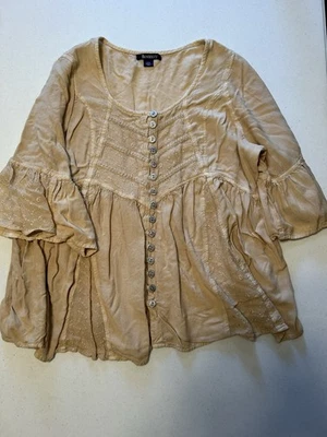 Roaman's Women's Plus Size 22W Acid Wash Tunic Beige Tan Lace Detail Boho Hippie - Image 1 of 4