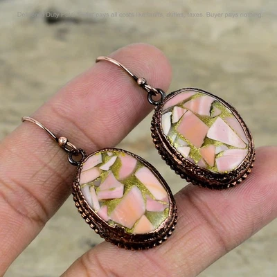 Copper Natural Copper Pink Opal Wedding Drop Bezel Hook Electroformed Earrings - Image 1 of 4