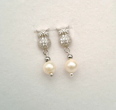 Orecchini donna a lobo argento bianco 925 perla vera naturale gufetto - Immagine 1 di 4