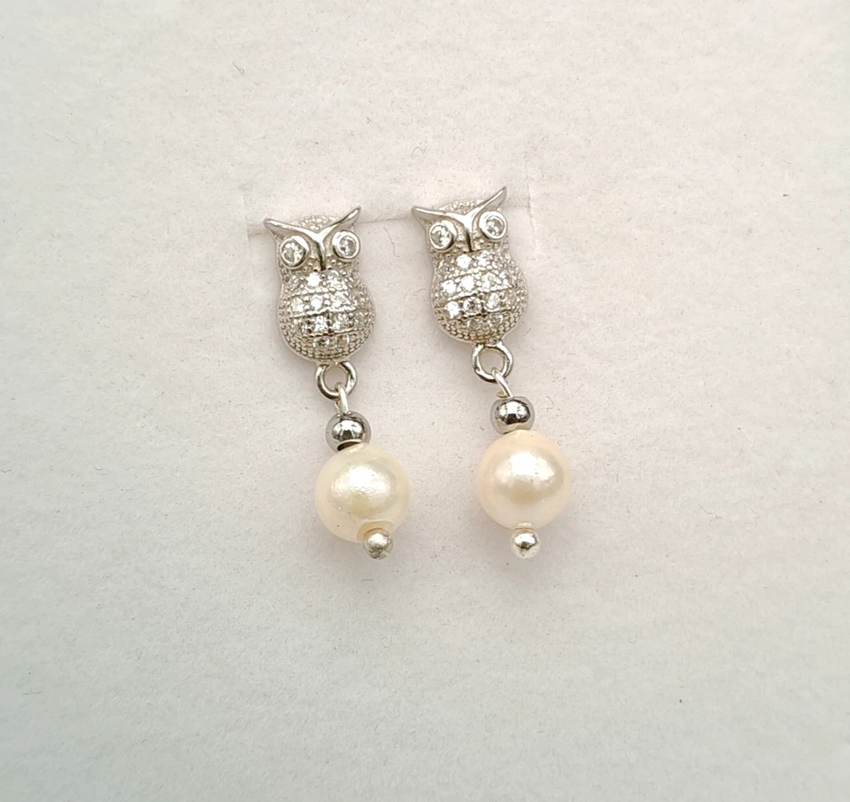 Orecchini donna a lobo argento bianco 925 perla vera naturale gufetto - Immagine 1 di 4