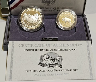 FREE GOLD!!!  1991 U.S.  Mount Rushmore Anniversary Coins Uncirculated Silver - Image 1 of 4
