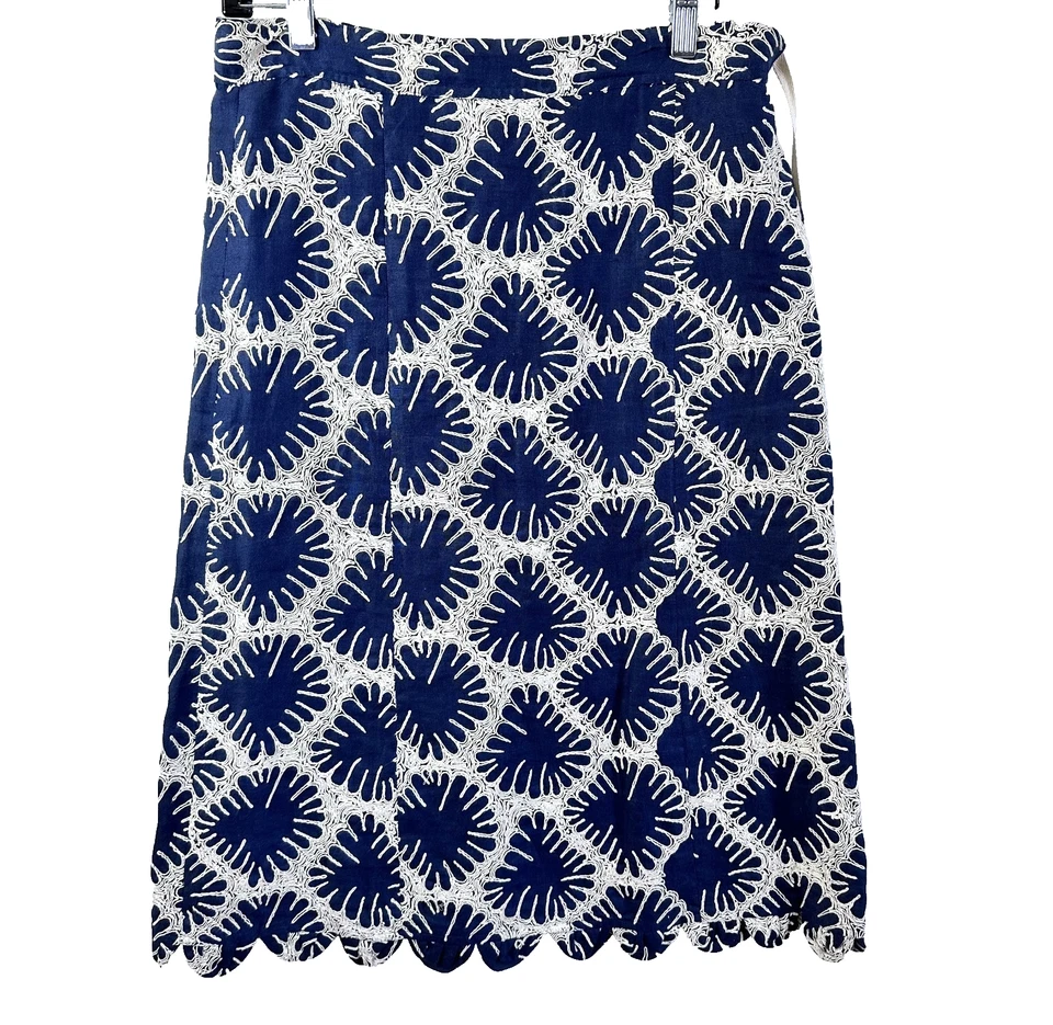 Falda TOCCA para mujer azul marino y blanco bordada de lino dobladillo festoneado línea A talla 2 Foto 1 de 4