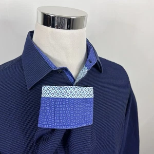 Stone Rose Large Casual Flip Cuff Shirt Navy Blue Textured Cotton Button Front - Picture 1 of 5