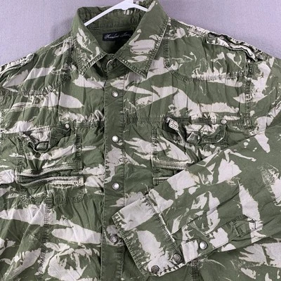 Knockout Jeans Shirt Men 3X Green Sea Print Canvas Pockets Metal Snap Button-Up - Image 1 of 4
