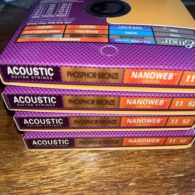 4件装Elixir Nanoweb定制灯11-52磷青铜原声吉他弦 — 第 1/4 张图片