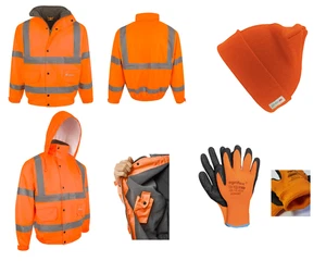 SET Pilotenjacke Warnschutz Winterjacke orange + Mütze + Winterhandschuhe S-5XL - Bild 1 von 10