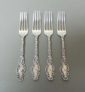 SET/4 DURGIN "WATTEAU" STERLING SILVER PLACE FORKS, MONOGRAM "M" - Picture 1 of 9