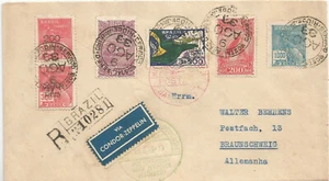 1933 LZ-127 Graf Zeppelin  Reg airmail cover Brazil to Germany 6 Adhesives  - Picture 1 of 2