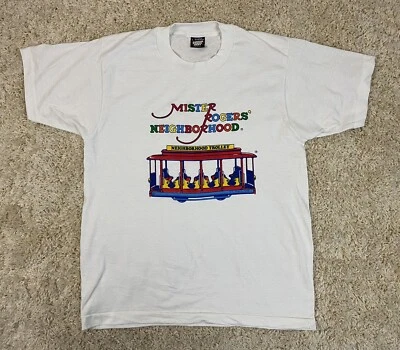 vintage 80s 90s MISTER ROGERS NEIGHBORHOOD TROLLEY t shirt L TV SHOW PBS - Image 1 of 4
