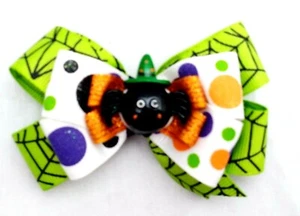 CRAZY SPIDER HALLOWEEN Haarschleife - Handarbeit grüne Hexe 3 Schichten Clip SALE - Bild 1 von 2