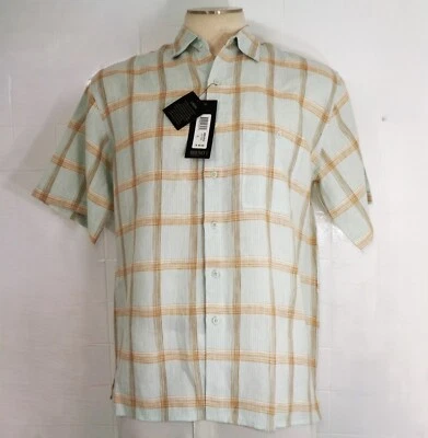 Men's Linen Shortsleeve Bruno Relaxed Fit Windowpane Button Shirt Size L - Image 1 of 4