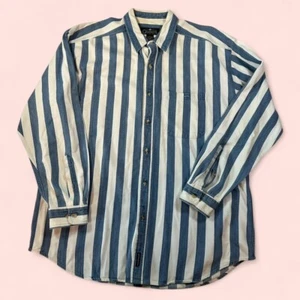 Vintage 90s Denim / White Striped Collared Button Up Shirt - 90s Vintage Men's - Picture 1 of 7