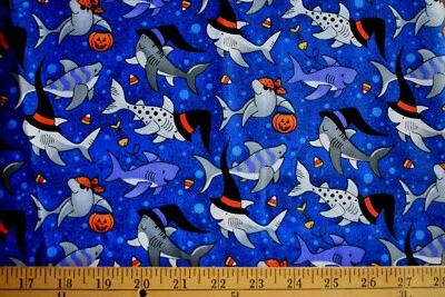 HALLOWEEN SHARKS AND PUMPKINS  ALLOVER ON BLUE  100% COTTON FABRIC  33X43 INCHES - Image 1 of 2