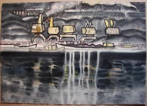 Ukrainisches Sowjetisches Aquarell Gemälde Industrie Stadtbild Asowstal Hafenkräniche - Bild 1 von 8