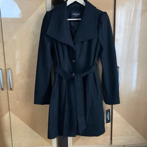 Guess Wool Blend Black Coat Silver Hardware Belted Single Breasted Medium  - Picture 1 of 10