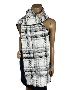 Claudia Nichole Cashmere Scarf White With Black Plaid 76 X 12 - Picture 1 of 9