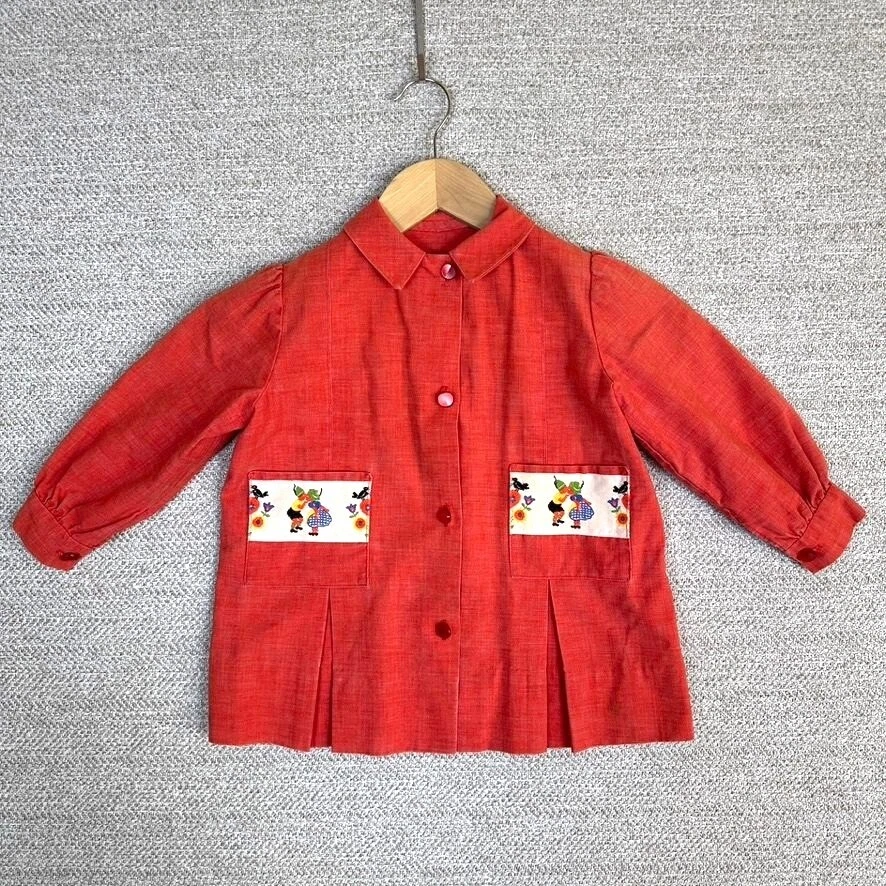 Vtg Sz L 9/10 Red Cotton Dress Coat Dutch Folk Art Pockets Button Girls - Image 1 of 4