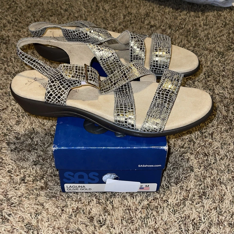 SAS Sandals Women 12 Laguna Strappy Olive Gold Cross Strap Open Toe Animal Print - Image 1 of 4