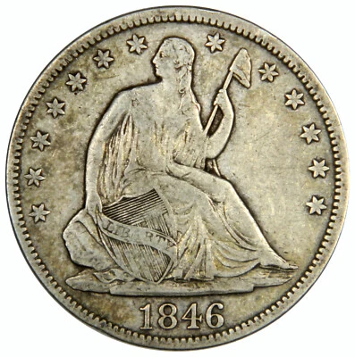 1846 СИДЯЩАЯ ПОЛОВИНА ДОЛЛАРА ВЫСОКАЯ ДАТА ~ СЛАБАЯ РАЗНОВИДНОСТЬ «ШИП 4» ~ ЖИРНЫЙ ОРИГИНАЛЬНЫЙ ОЧЕНЬ ХОРОШЕЕ СОСТОЯНИЕ! - Изображение 1 из 2