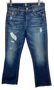 Womens 7 For All Mankind 25 Cropped Bootcut Blue Denim Jeans Raw Hem Distressed - Picture 1 of 11
