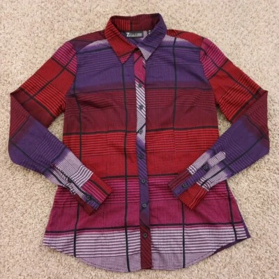 Camisa feminina New York & Company XS roxa vermelha xadrez manga longa botão para cima - Imagem 1 de 4