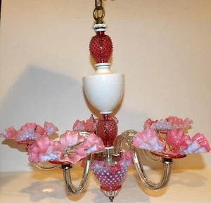 RARE FENTON CRANBERRY OPALESCENT HOBNAIL 5 ARM HANGING LIGHT FIXTURE~NEEDS WIRED - Picture 1 of 24
