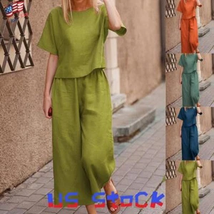 Women Cotton Linen T Shirt Wide Leg Pants Set Ladies Casual Tops Trousers Outfit - Picture 1 of 14