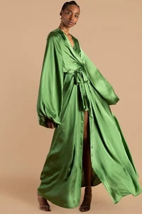 Andrea Iyamah Nali Puff Sleeve Maxi Robe Dress in Sage Green, Size XL. - Picture 1 of 15