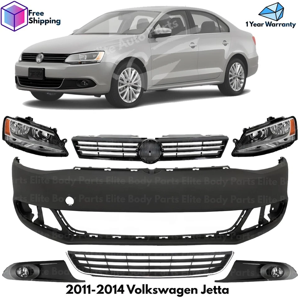 Front Bumper Cover Primed Plastic & Headlight Kit For 2011-2014 Volkswagen Jetta Foto 1 de 4