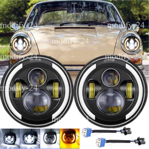 Fit Porsche 911 1965-1986 Halo 7" inch Round LED Headlights Hi/Lo Beam Projector - Picture 1 of 15