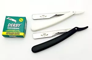 2 PC CUT THROAT BARBER SALON SHAVETTE STRAIGHT RAZOR RASOIR, 100 DERBY BLADES - Picture 1 of 1