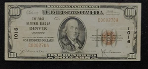1929 $100 First National Bank Denver 1016 High Denomination National Very Fine - Picture 1 of 2