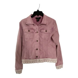 Twiggy London Pink Denim Jacket Light Wash Size Med Crochet Details - Picture 1 of 4