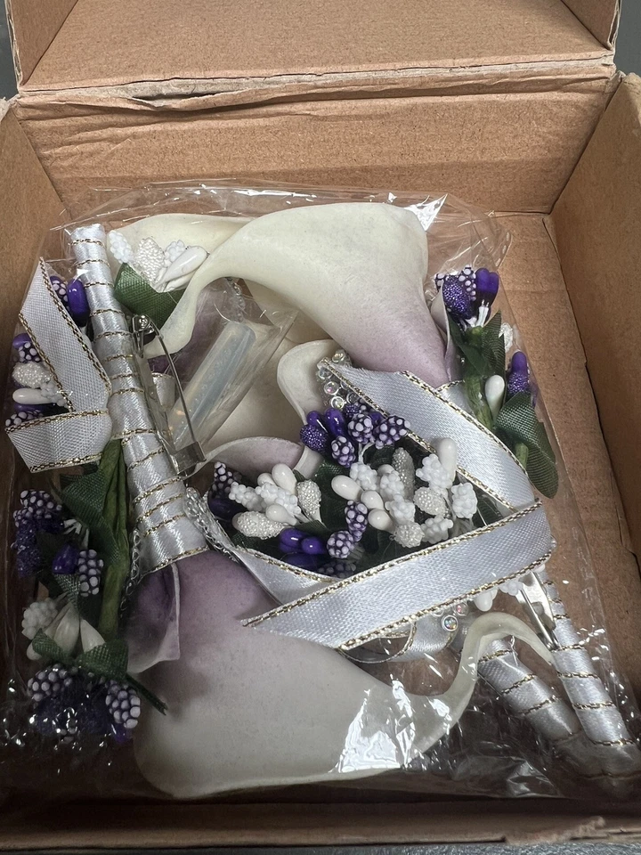 4 Piece Purple White Lily Boutonnières For Men Accessories Wedding Prom  - Image 1 of 4