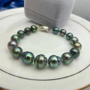 stunning  8-11 mm  natural baroque  Tahitian  green pearl bracelet - Picture 1 of 9