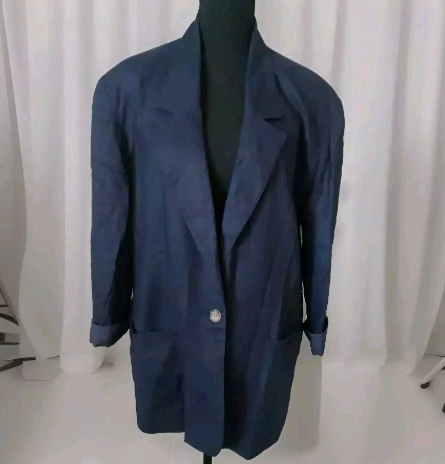 Blazer de lino vintage azul marino náutico ligero talla 14 satinado forrado preppy Foto 1 de 4